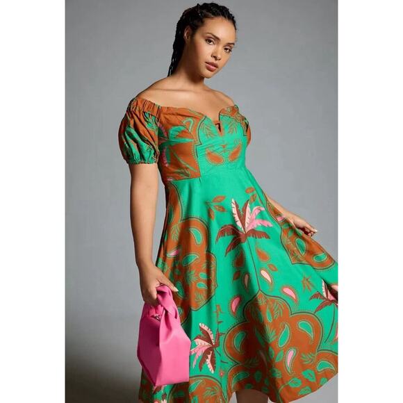 Anthropologie Maeve Puff-Sleeve Sweetheart Green Brown Print Dress 14 - Picture 1 of 4